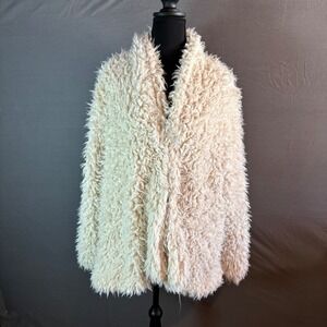 Free People Womens Cream Shaggy Faux Fur Open Front Cardigan Fluffy Jacket M